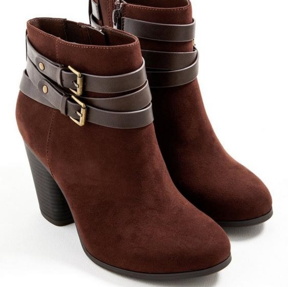 Torrid Extra Wide Width Brown Faux Suede Buckle Heel Booties - Picture 8 of 9